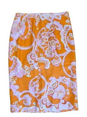 Ann Taylor Orange and Pink Paisley Pencil Skirt